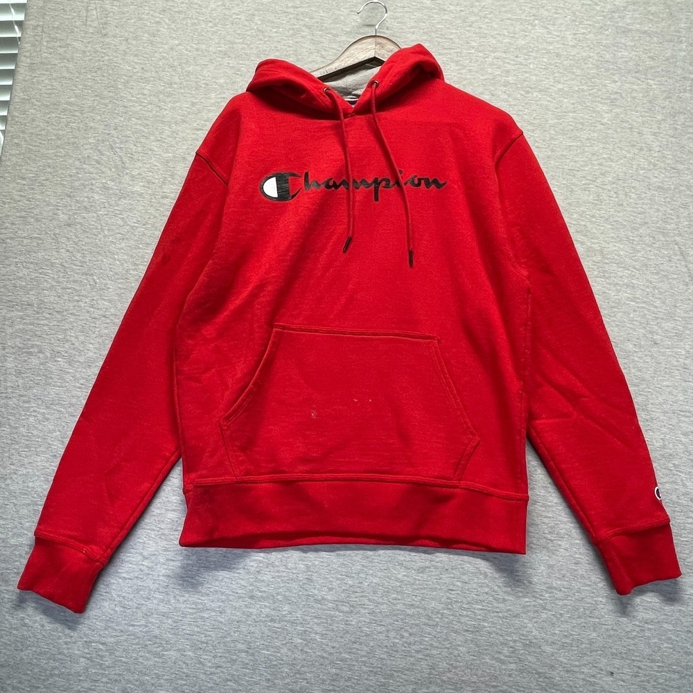Champion Authentic Athleticwear Hoodie Men M Red Cotton Fleece Lined Ribbed Trim